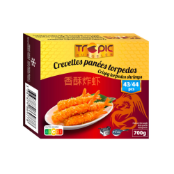 Crevettes Panées Torpedo 26/30 – 700 g – 43/44 pièces – Tropic Surgelés