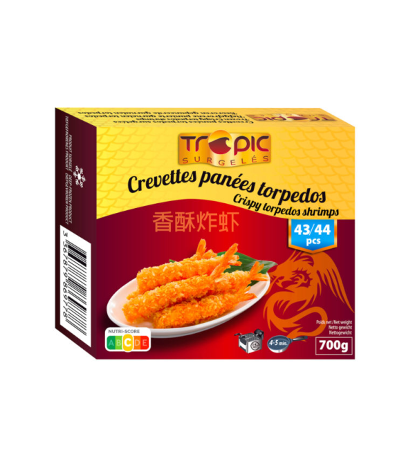 Crevettes Panées Torpedo 26/30 – 700 g – 43/44 pièces – Tropic Surgelés