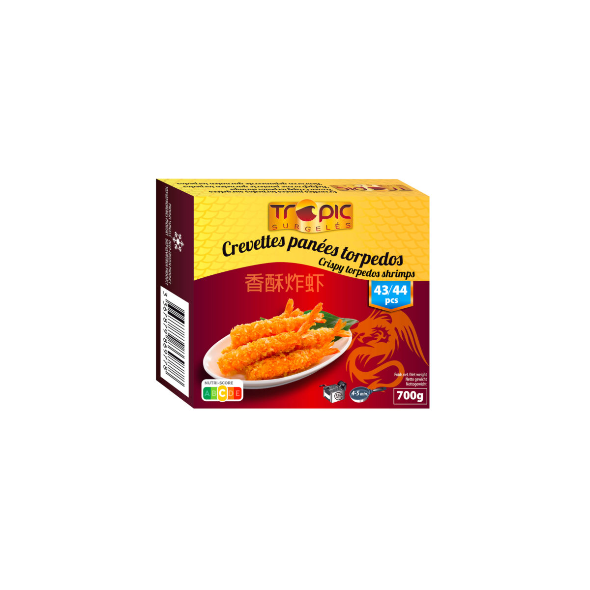 Crevettes Panées Torpedo 26/30 – 700 g – 43/44 pièces – Tropic Surgelés