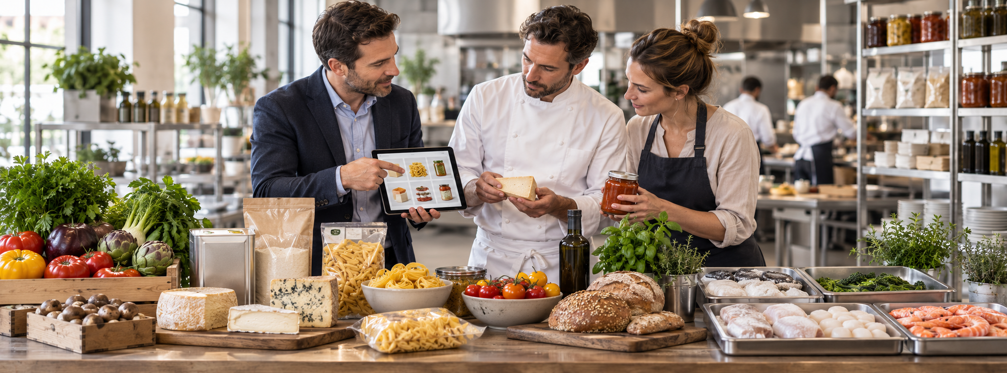 Un commercial accompagne des professionnels dans le choix de leurs produits alimentaires